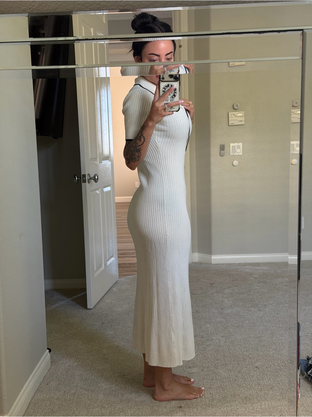 Ribbed Polo Midi Dress in White - Picture 2 of 4